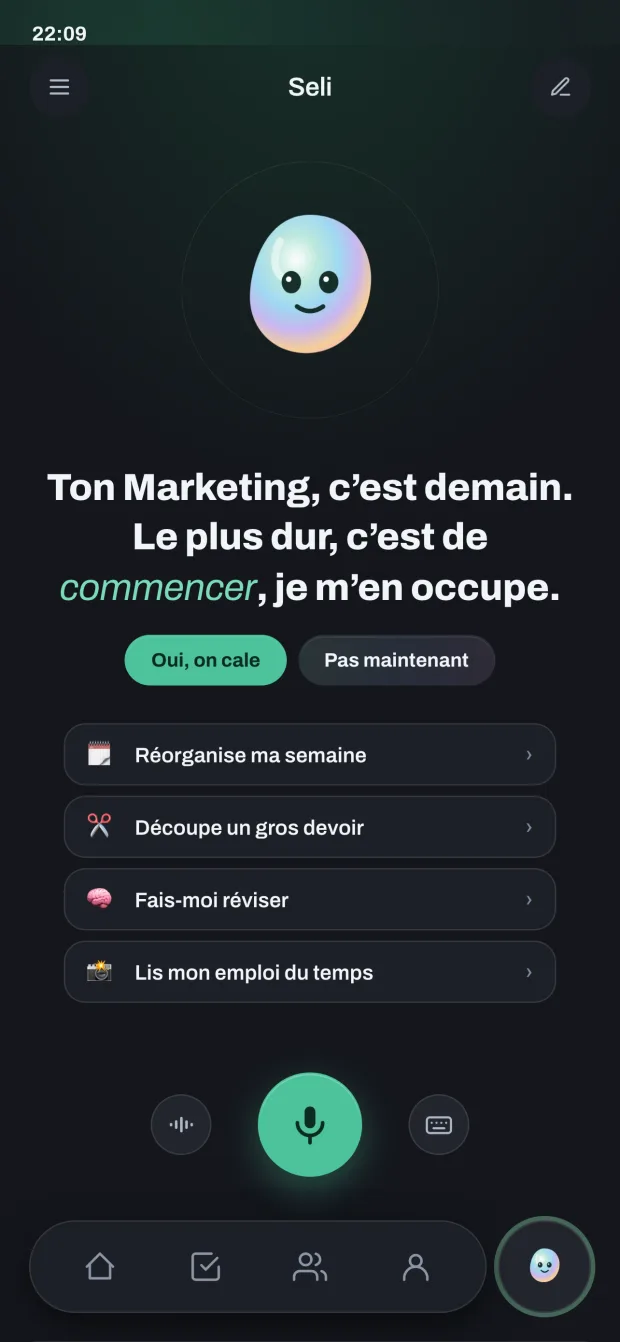 Le salon de Seli avec l’orbe irisé et les quatre raccourcis de conversation.
