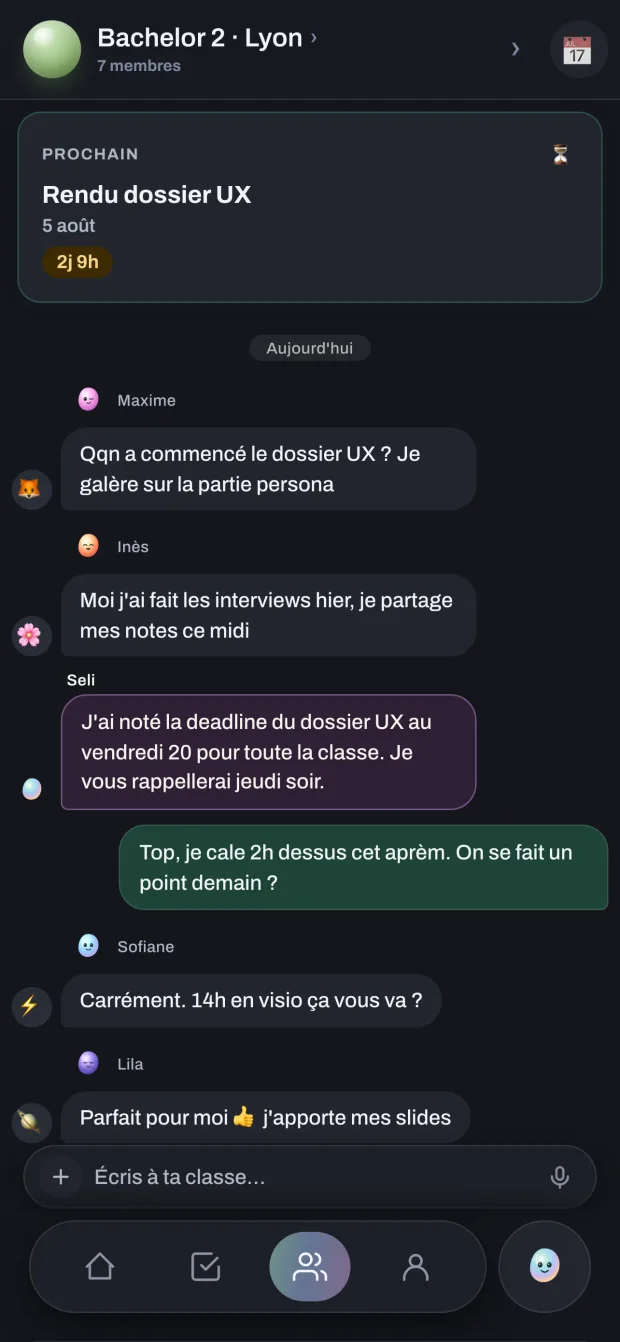 Écran Classe de Seliia : le fil de discussion de la promo avec un message de Seli.